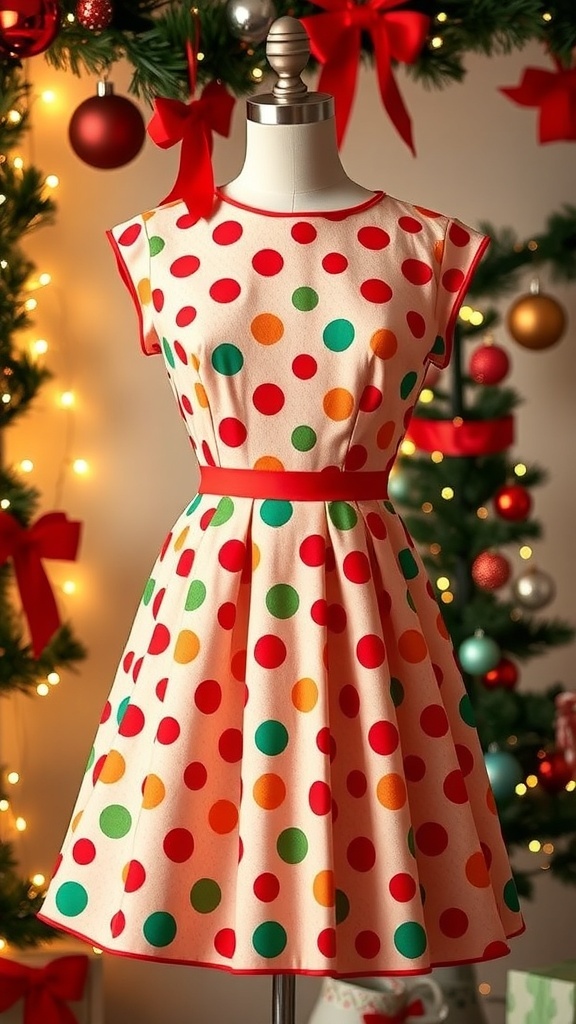 A vintage 60s Christmas dress with polka dots on a mannequin, surrounded by holiday decorations.